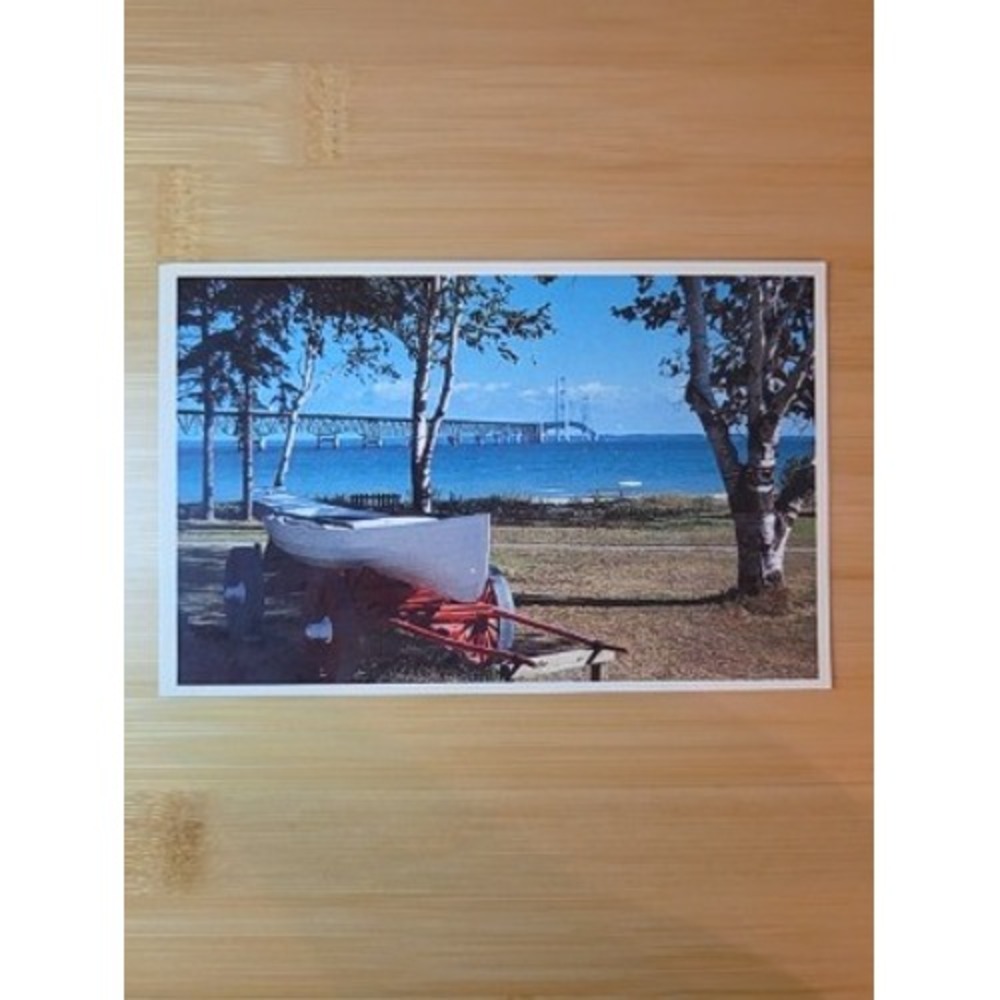 Vintage Mackinac Bridge Postcard Michilimackinac State Park Michigan Boat